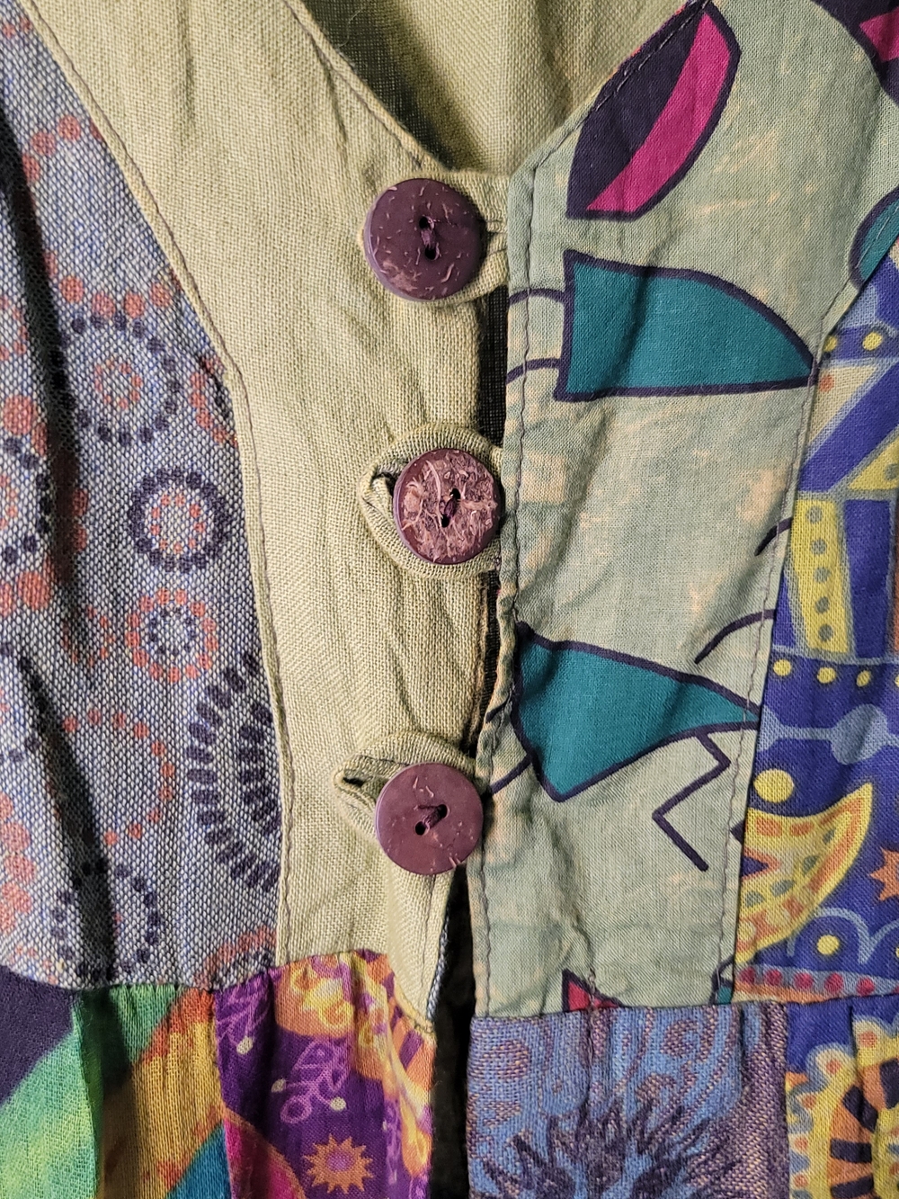 ARATTA 100% Cotton Patchwork Bohemian Bell Sleeve Duster Dress Green Size M / L - Picture 4 of 12